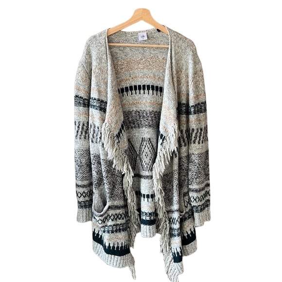 CAbi Shetland Cardigan Waterfall Boho Southwestern Aztec Fringe Open Front M - Picture 2 of 9